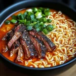 Delicious Spicy Korean Ramen with Grilled Beef & Creamy Sauce Recipe